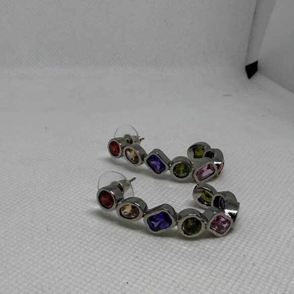 Multi Color Crystal Silver Toned Curved Hoop Earrings - Picture 5 of 5
